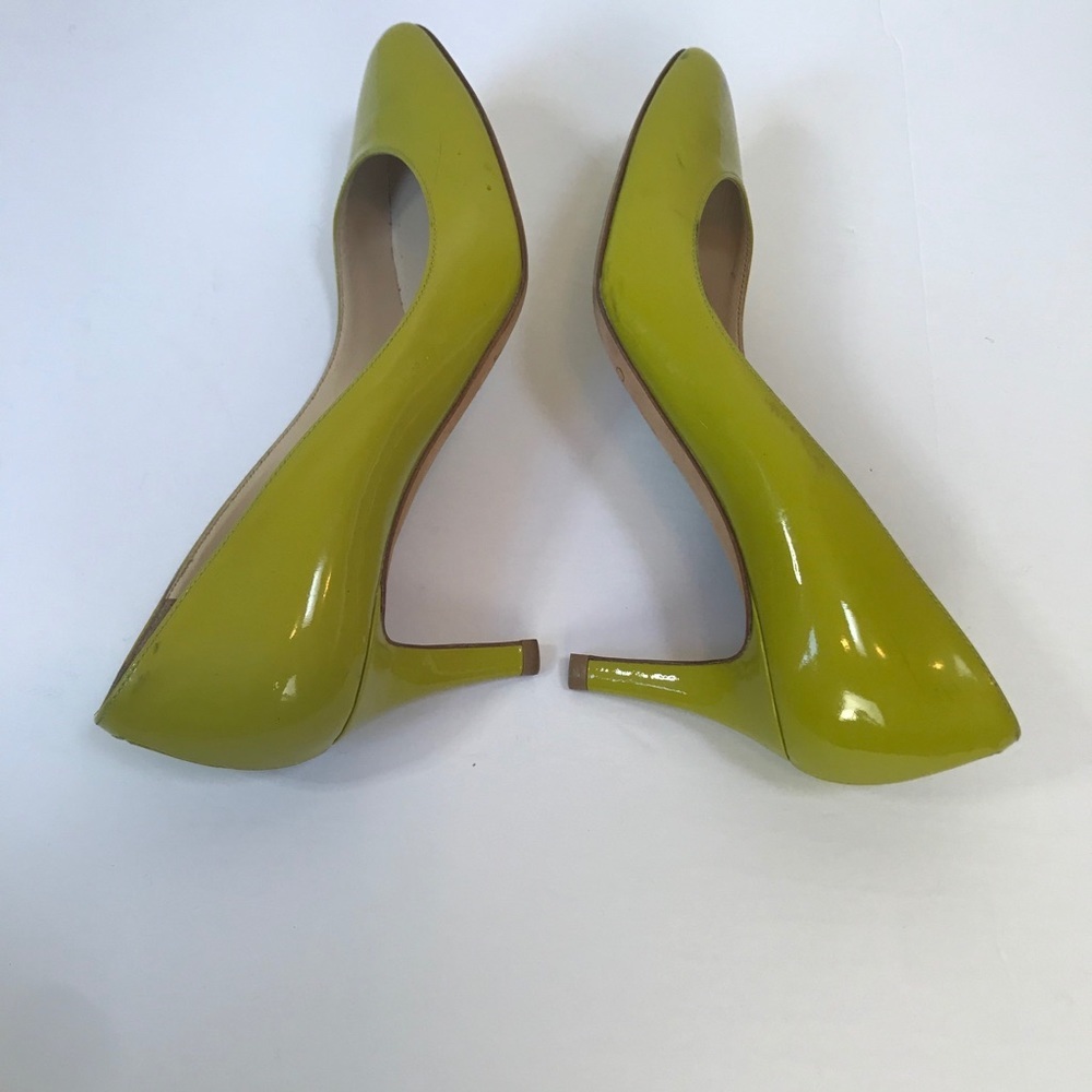 immy Choo Leather Patent Pumps Heels Shoes Almond Toe Chartreuse Green Slides - Picture 7 of 14